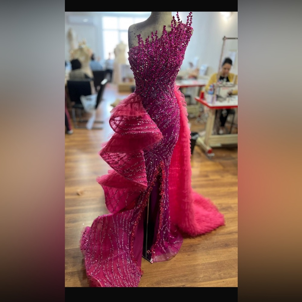 Fuchsia Beaded Ruffled Evening Gown with detachable over skirt - Women Dresses